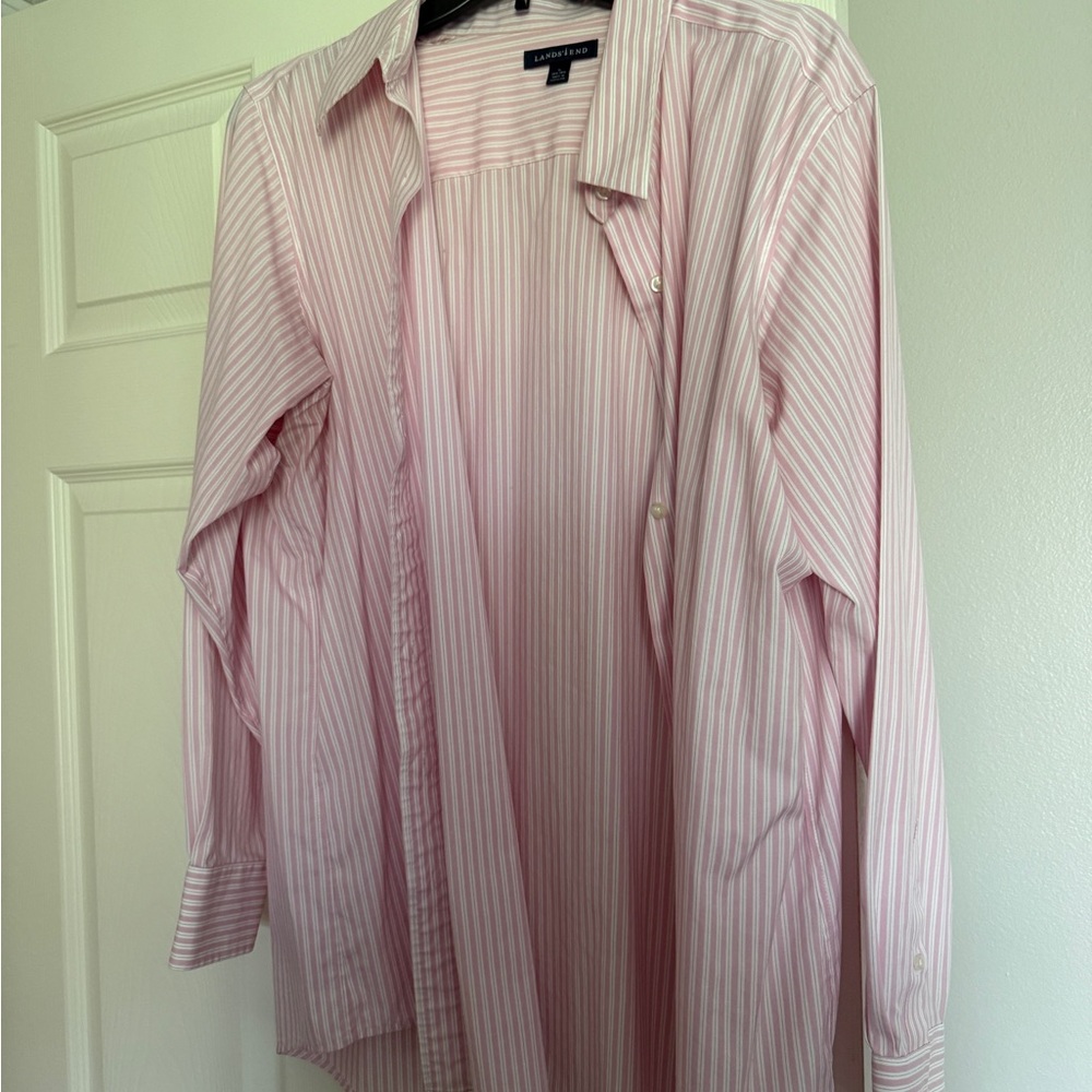 Lands End iron free pink and white striped blouse.
